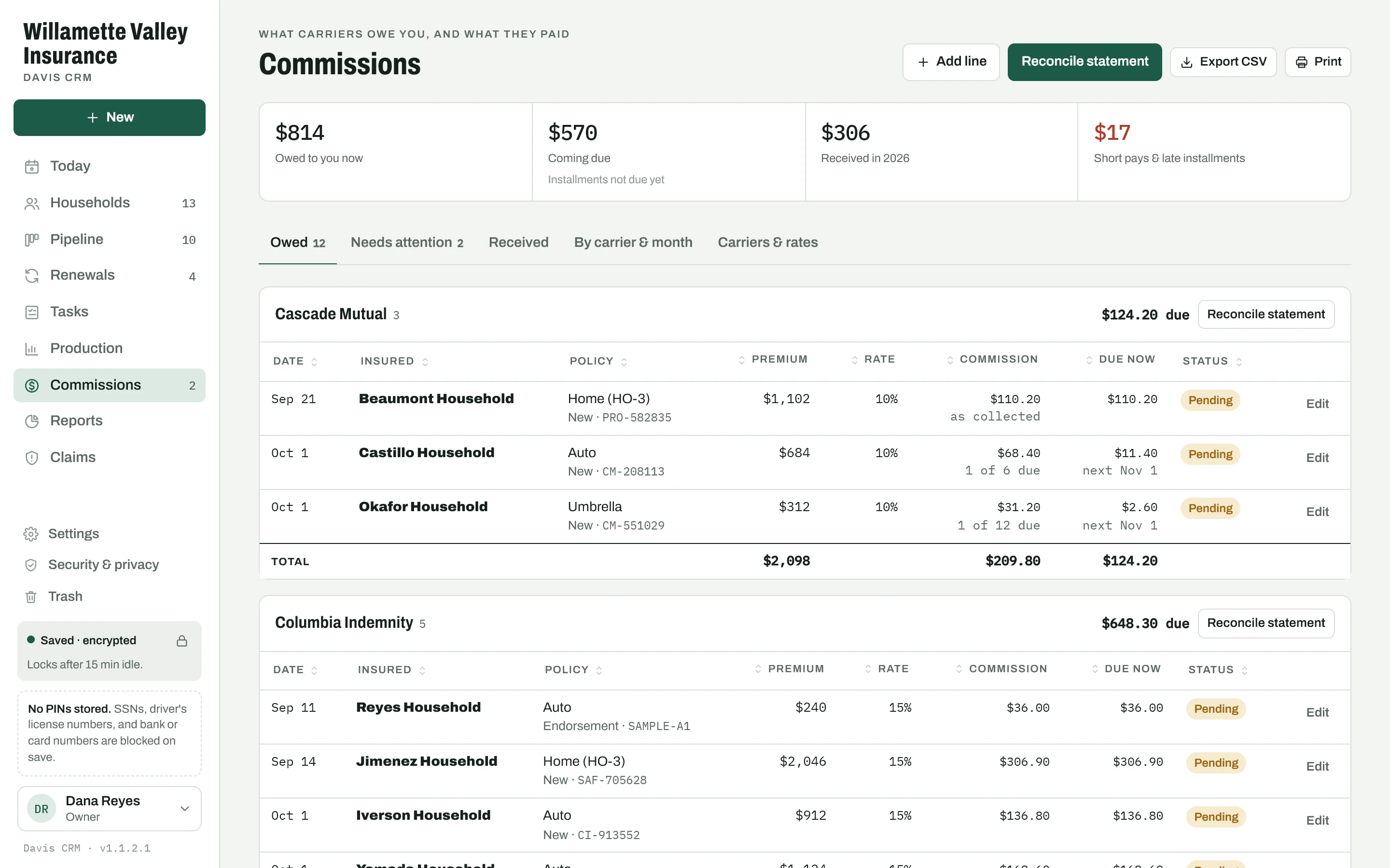 The Commissions screen: amounts owed now, coming due, received this year, and short pays, then commission lines grouped by carrier with a Reconcile statement button for each.