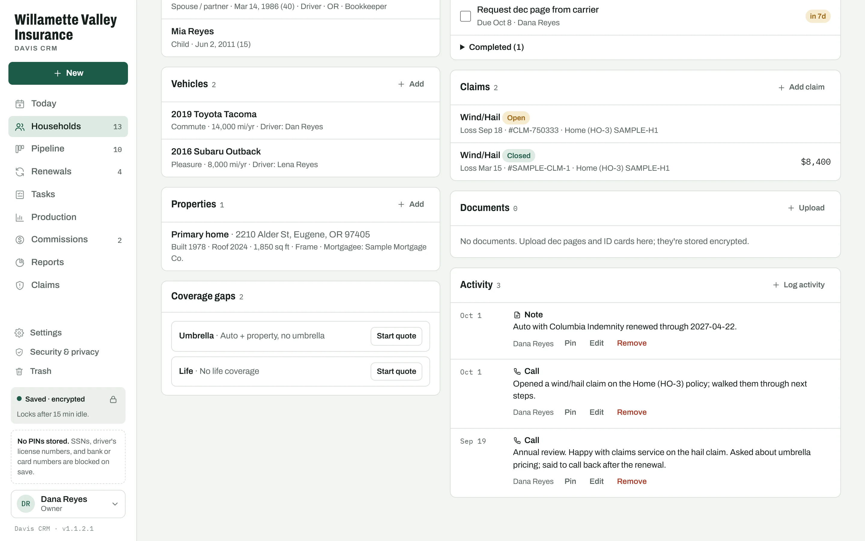 A household's page showing vehicles, a property, claims, the activity log, and a Coverage gaps panel listing Umbrella and Life, each with a Start quote button.