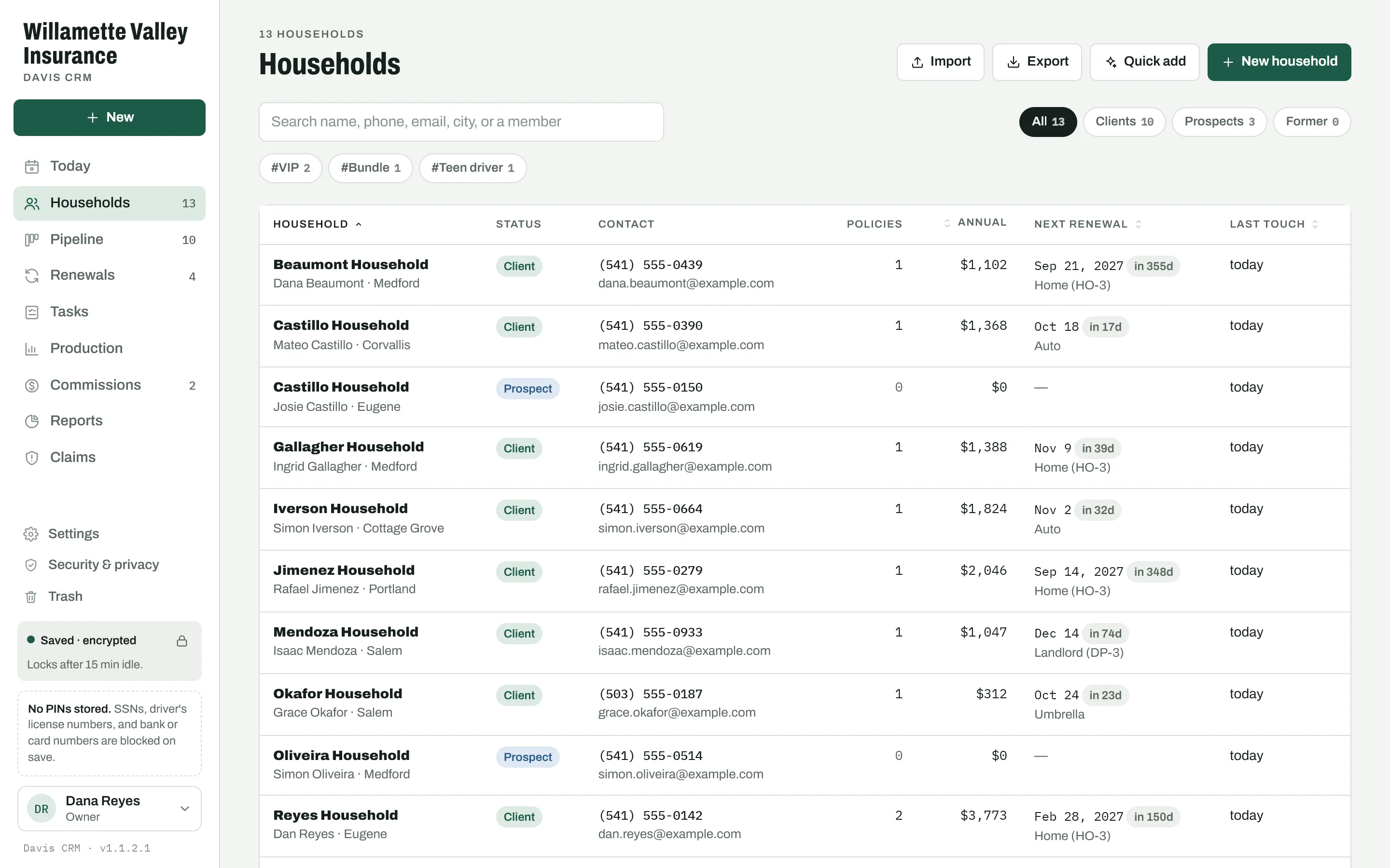 The Households list: each household with its status, phone and email, number of policies, annual premium, and next renewal date.
