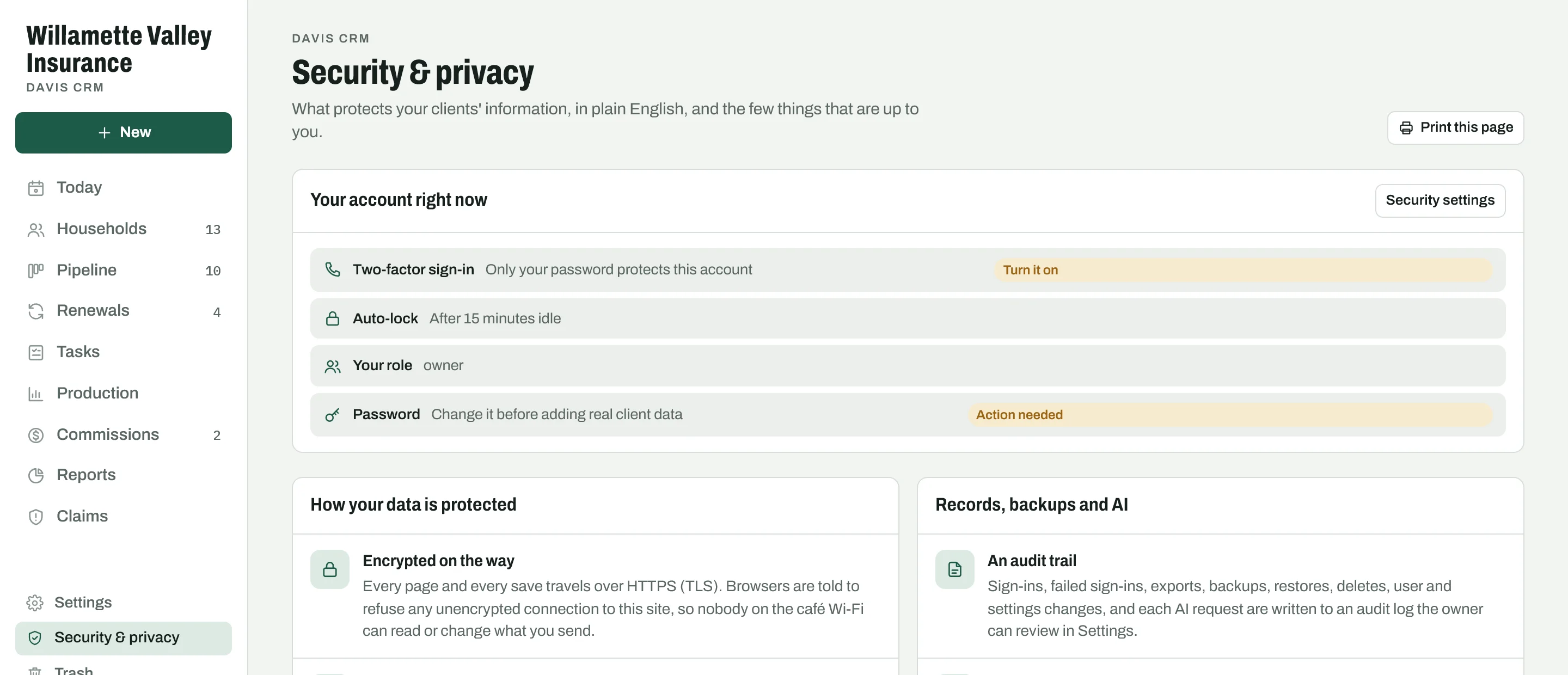 The Security and privacy page in the app, showing the account's two-factor status, auto-lock time, role, and password status, and the start of the plain-English explanation of how data is protected.